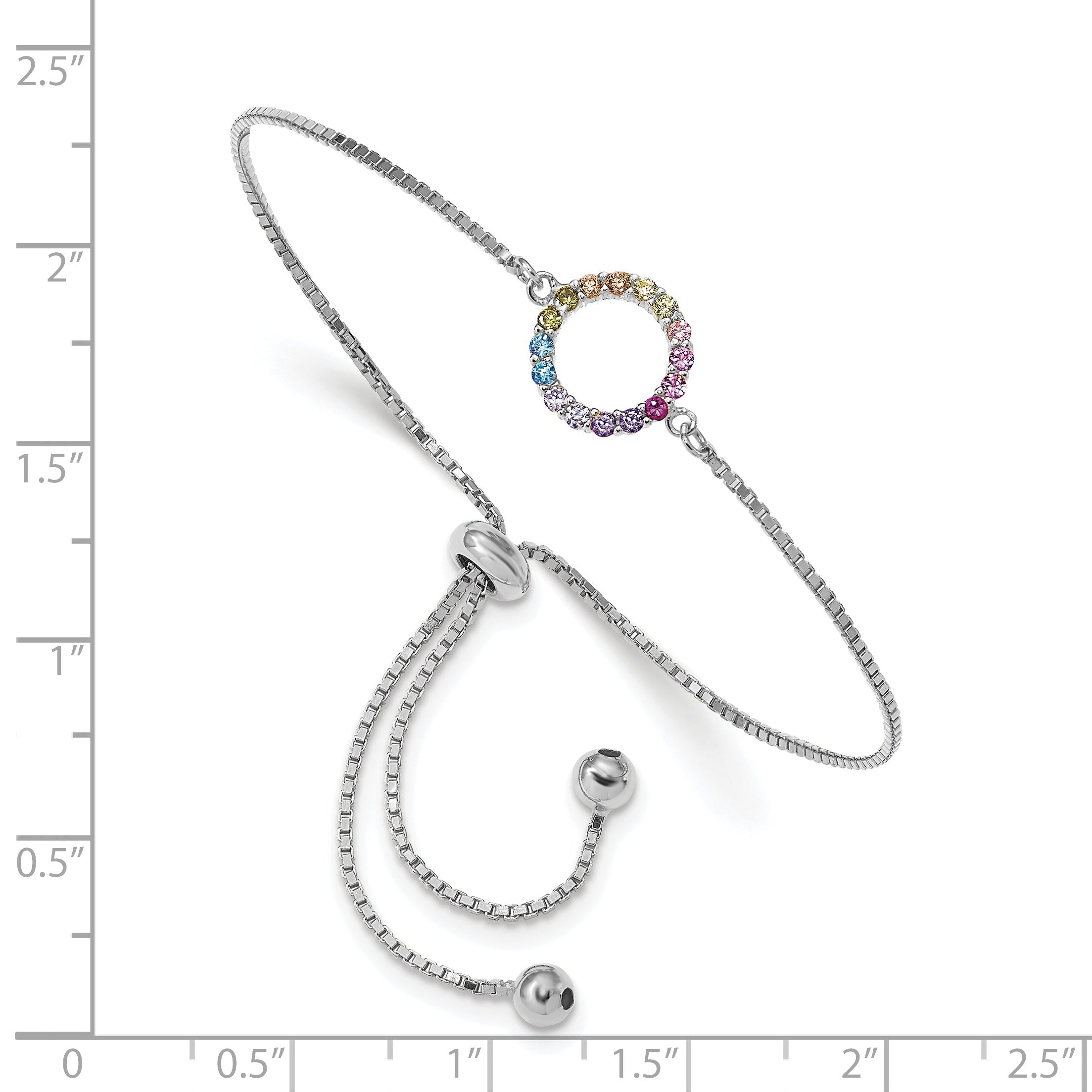 Sterling Silver Prizma Rhodium-Plated Colorful Cz Open Circle Adjustable Bolo Bracelet