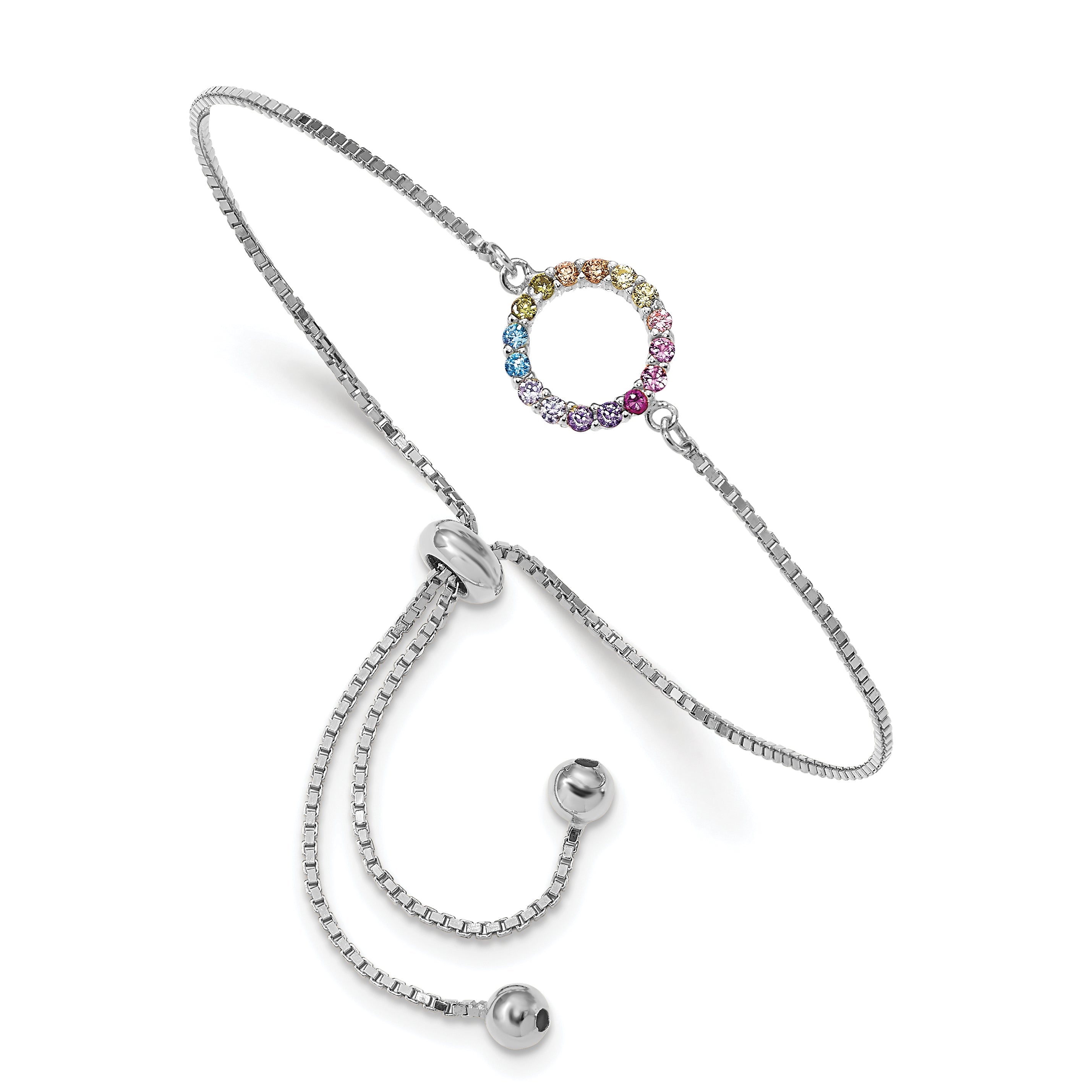 Sterling Silver Prizma Rhodium-Plated Colorful Cz Open Circle Adjustable Bolo Bracelet
