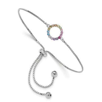 Sterling Silver Prizma Rhodium-Plated Colorful Cz Open Circle Adjustable Bolo Bracelet