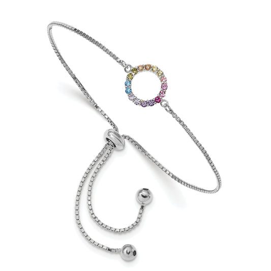 Sterling Silver Prizma Rhodium-Plated Colorful Cz Open Circle Adjustable Bolo Bracelet