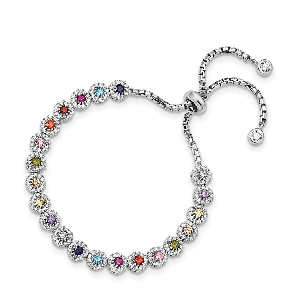 Sterling Silver Prizma Rhodium-Plated White And Colorful Cz Adjustable Bolo Bracelet