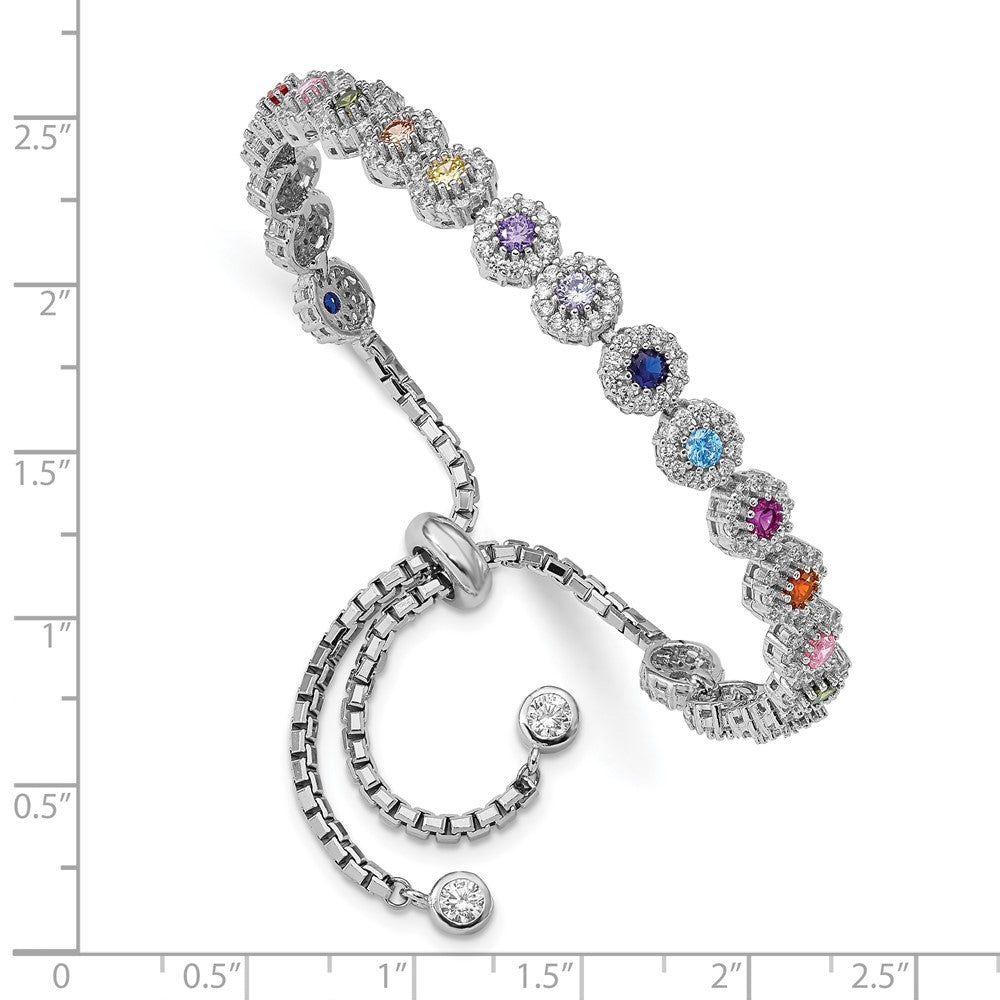 Sterling Silver Prizma Rhodium-Plated White And Colorful Cz Adjustable Bolo Bracelet