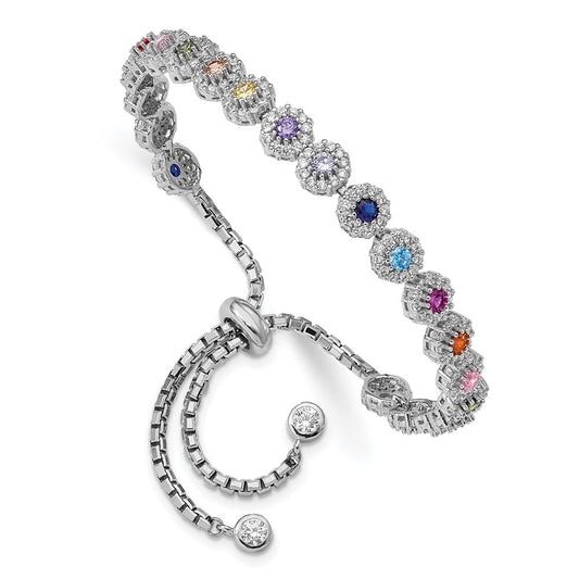 Sterling Silver Prizma Rhodium-Plated White And Colorful Cz Adjustable Bolo Bracelet