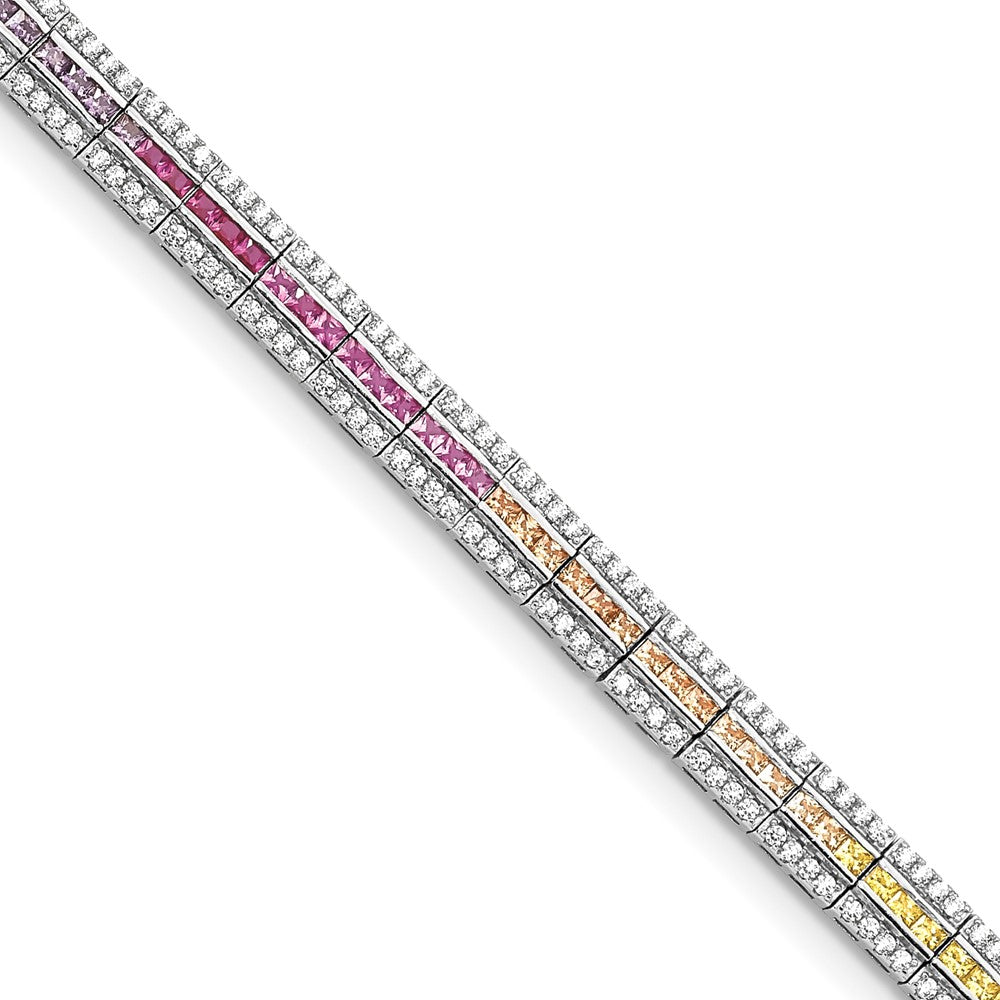 Sterling Silver Prizma Rhodium-Plated 7.25 Inch Channel-Set White And Colorful Cz Bracelet