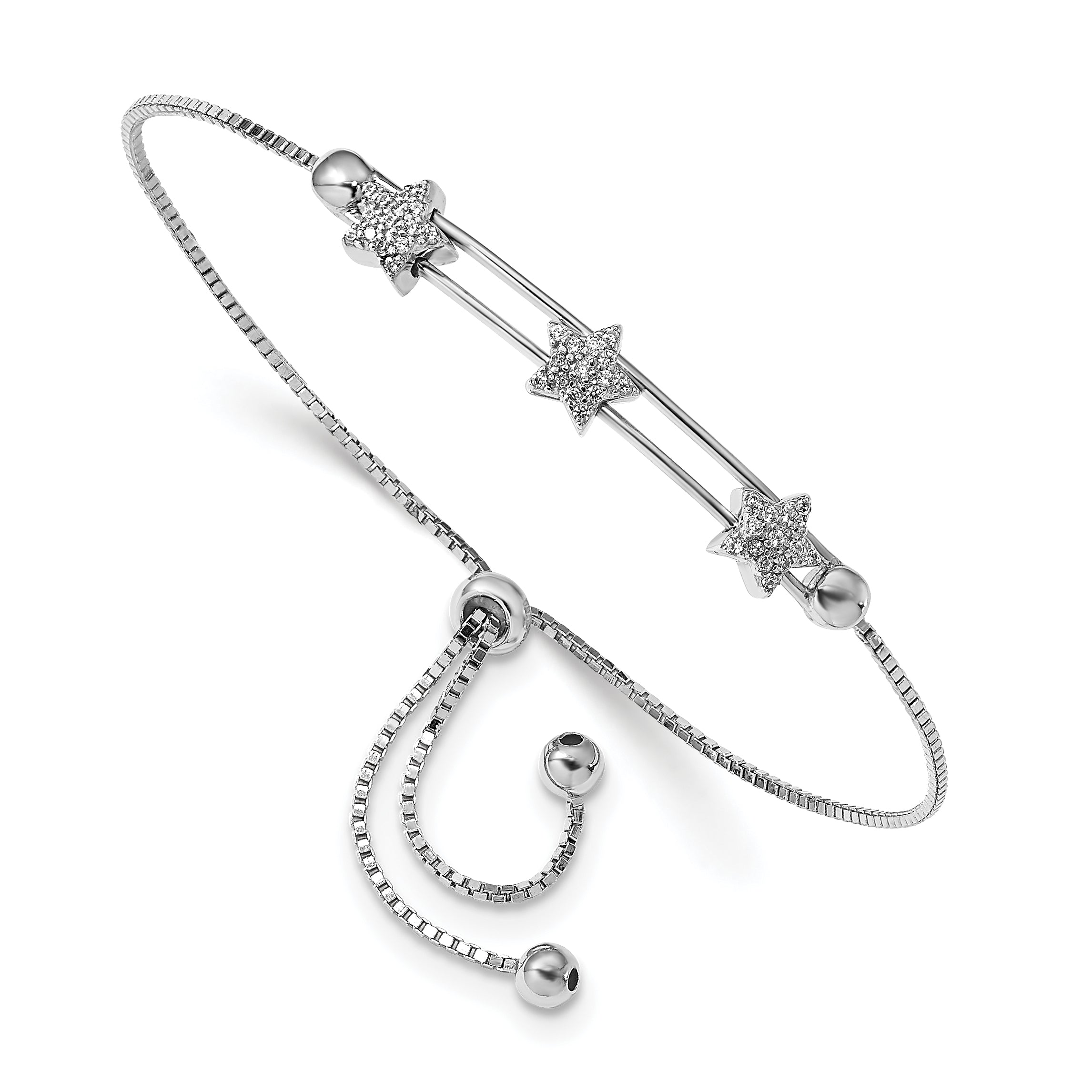 10 Inch Sterling Silver Rhodium Plated Cz Adjustable Star Bracelet