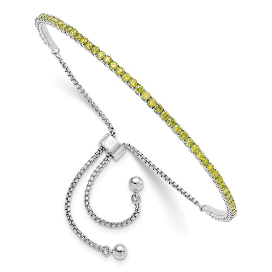 Sterling Silver Rhod-Plated August Light Green Cz Adjustable Bracelet