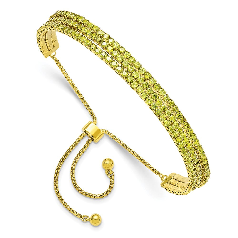 Sterling Silver Ss Gold Tone August Light Green Triple Cz Adjustable Bracelet