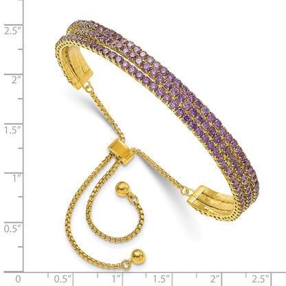 Sterling Silver Ss Gold Tone February Purple Triple Cz Adjustable Bracelet