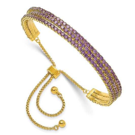 Sterling Silver Ss Gold Tone February Purple Triple Cz Adjustable Bracelet