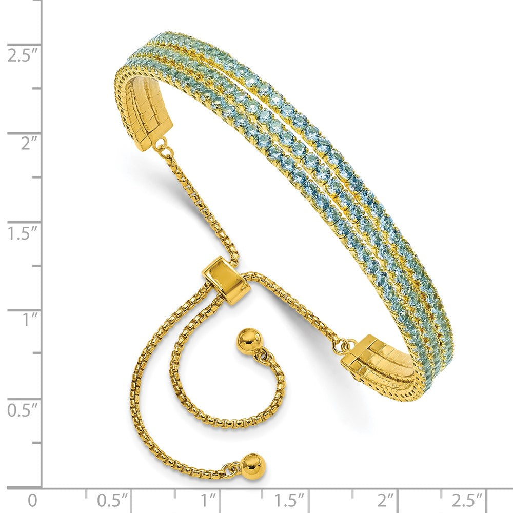 Sterling Silver Ss Gold Tone March Light Blue Triple Cz Adjustable Bracelet