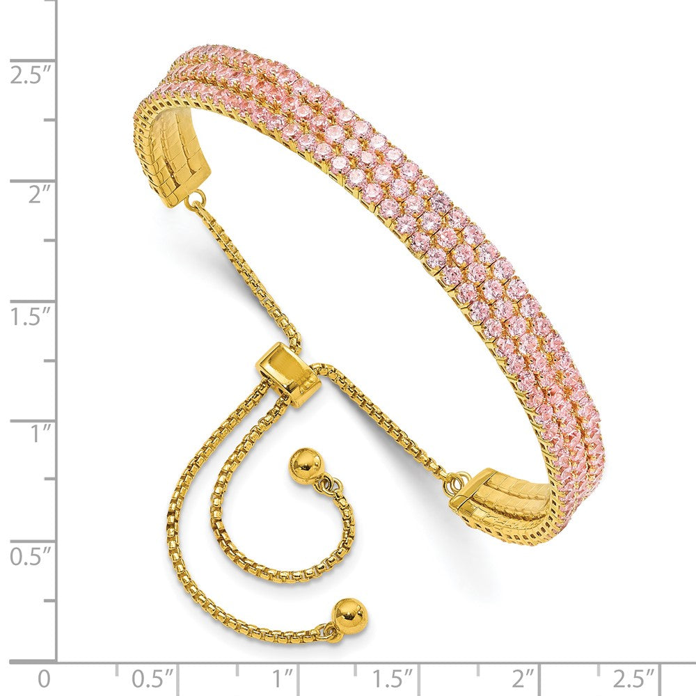 Sterling Silver Ss Gold Tone October Light Pink Triple Cz Adjustable Bracelet