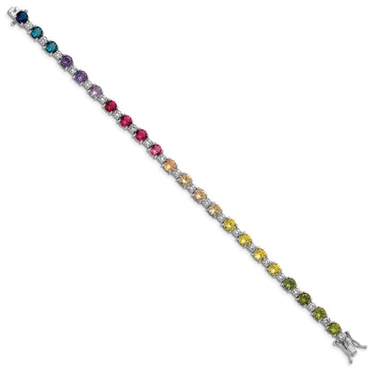Sterling Silver Prizma Rhodium-Plated 7.5 Inch White And Colorful Round Cz Bracelet
