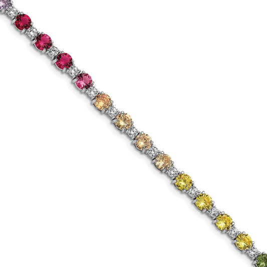 Sterling Silver Prizma Rhodium-Plated 7.5 Inch White And Colorful Round Cz Bracelet