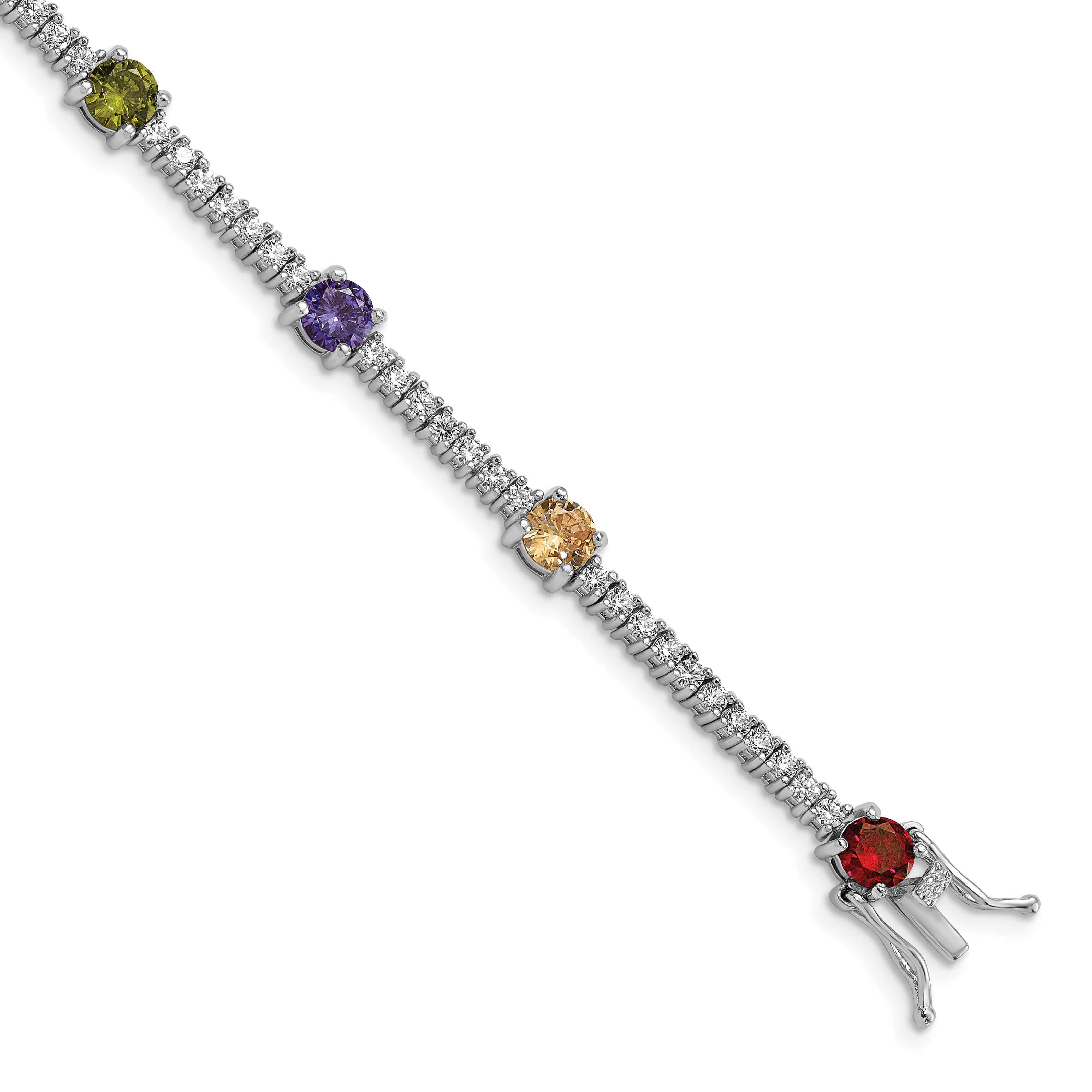 Sterling Silver Prizma Rhodium-Plated 7.5 Inch White And Colorful Round Cz Bracelet