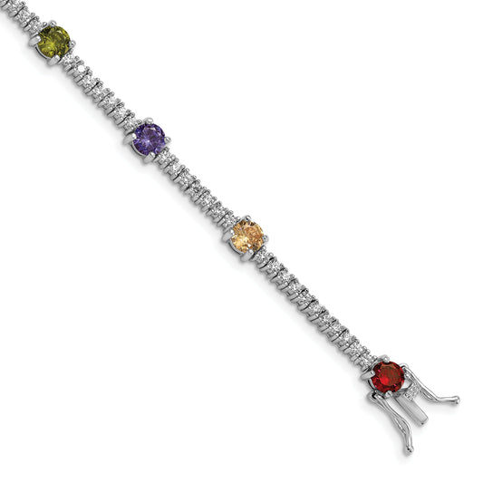 Sterling Silver Prizma Rhodium-Plated 7.5 Inch White And Colorful Round Cz Bracelet