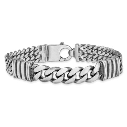 8.5 Inch Sterling Silver Mens Antiqued Brush Double Curb Bracelet