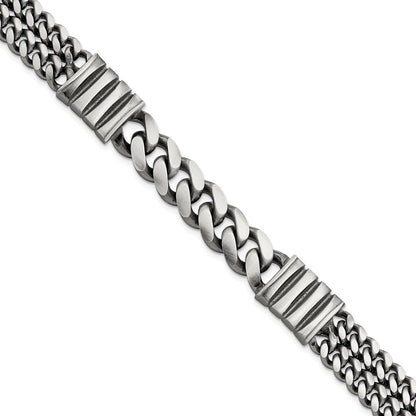 8.5 Inch Sterling Silver Mens Antiqued Brush Double Curb Bracelet