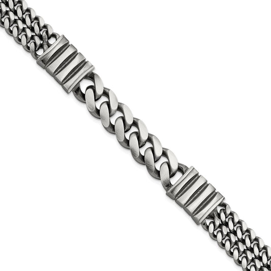 8.5 Inch Sterling Silver Mens Antiqued Brush Double Curb Bracelet