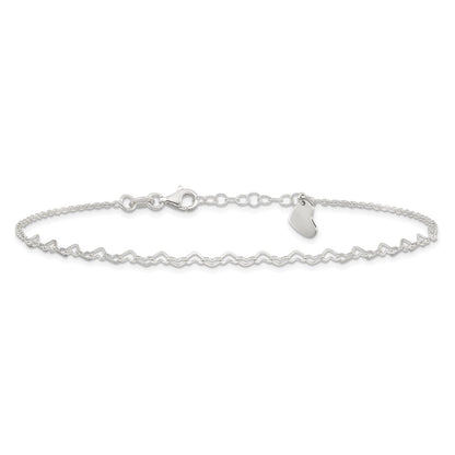 Sterling Silver Heart Link 9In Plus 1 In Ext. Anklet
