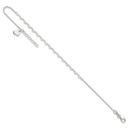 Sterling Silver Heart Link 9In Plus 1 In Ext. Anklet
