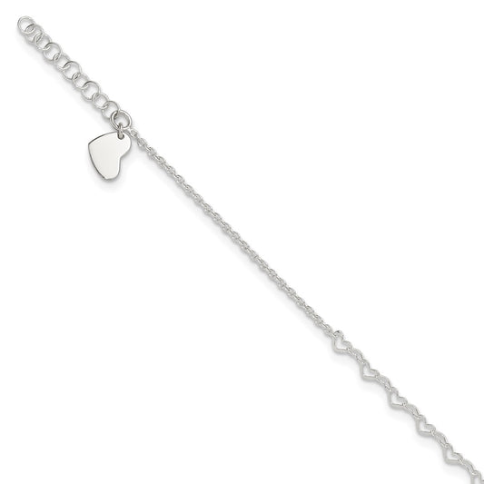 Sterling Silver Heart Link 9In Plus 1 In Ext. Anklet