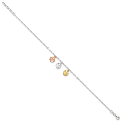 Sterling Silver Rose-Tone And Gold-Tone Suns 9In Plus 1In Ext. Anklet