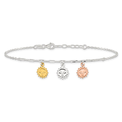 Sterling Silver Rose-Tone And Gold-Tone Suns 9In Plus 1In Ext. Anklet