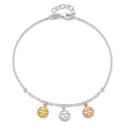 Sterling Silver Rose-Tone And Gold-Tone Suns 9In Plus 1In Ext. Anklet