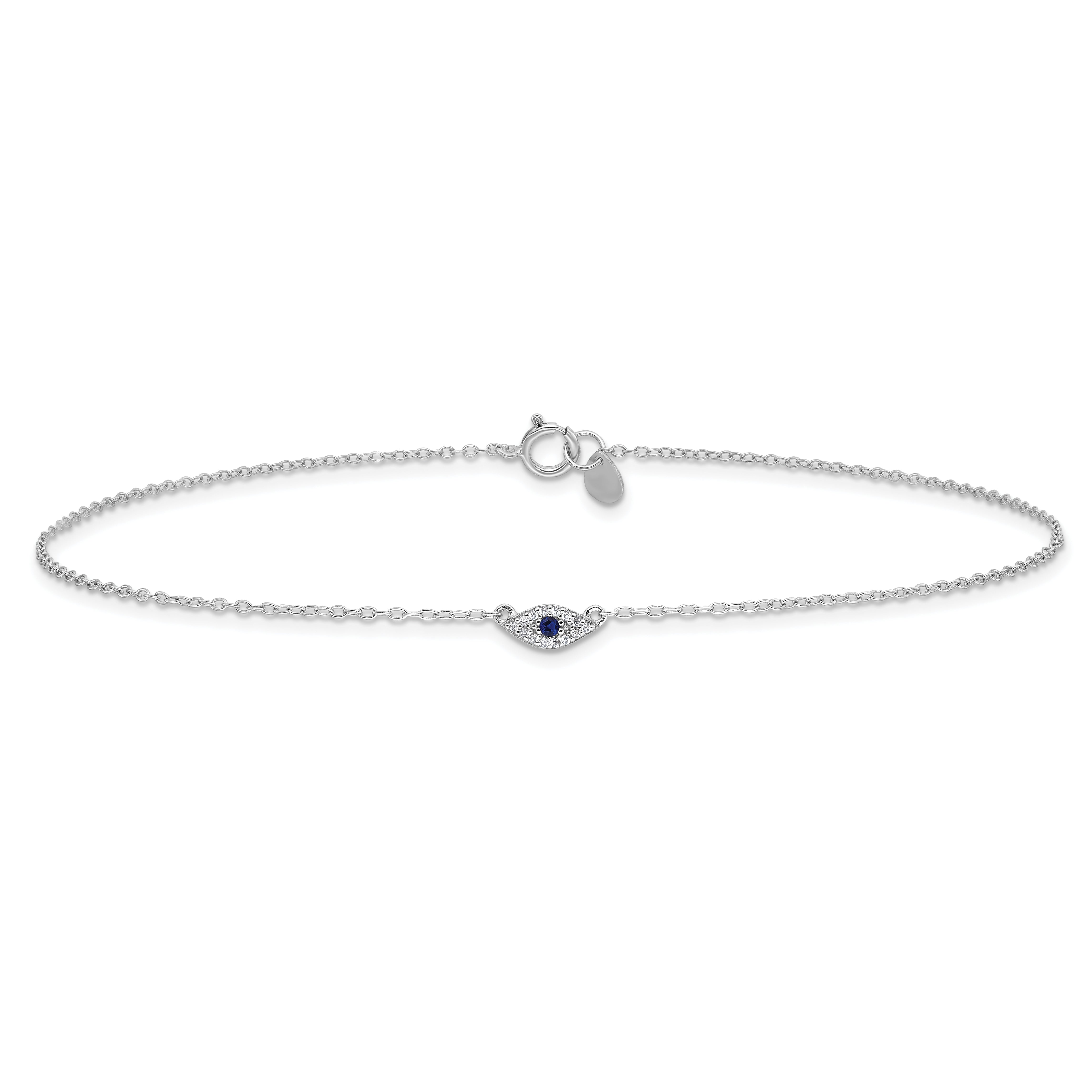 Sterling Silver Rhodium-Plated Polished Blue & White Cz Eye 10In Anklet