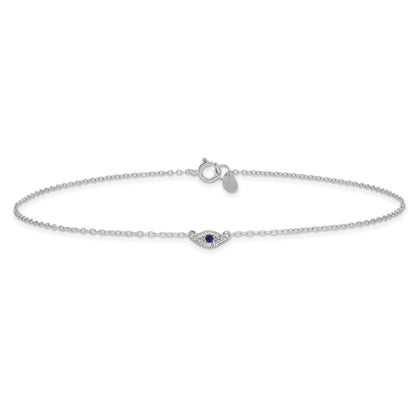 Sterling Silver Rhodium-Plated Polished Blue & White Cz Eye 10In Anklet