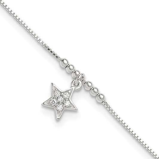 Sterling Silver Cz Star And Beads 9In Plus 1In Ext. Anklet
