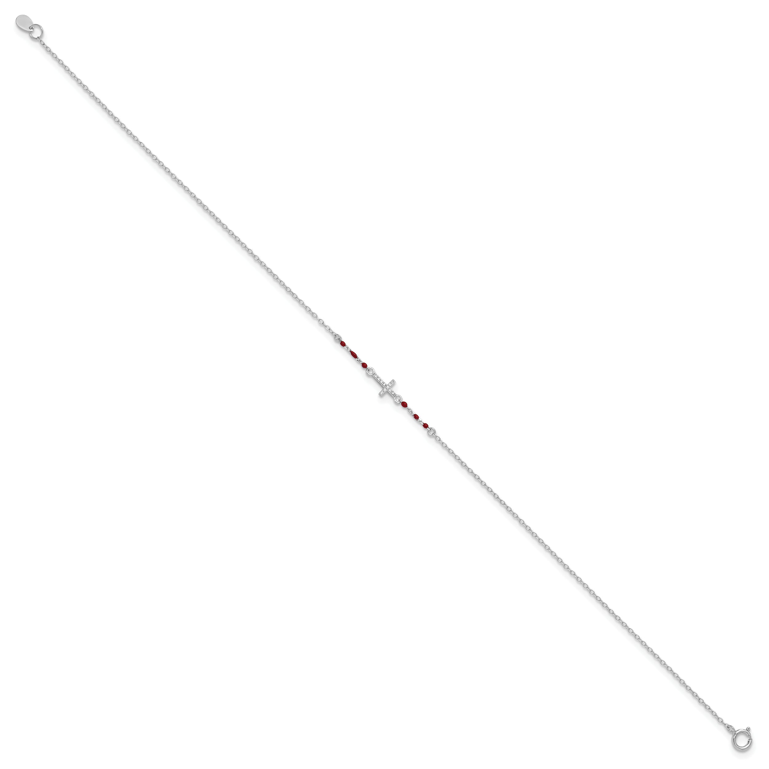 Sterling Silver Rhodium-Plated Polished Cz Red Enamel Bead Cross Anklet