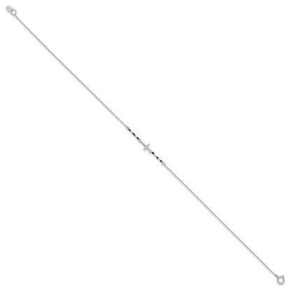 Sterling Silver Rhodium-Plated Polished Cz Red Enamel Bead Cross Anklet