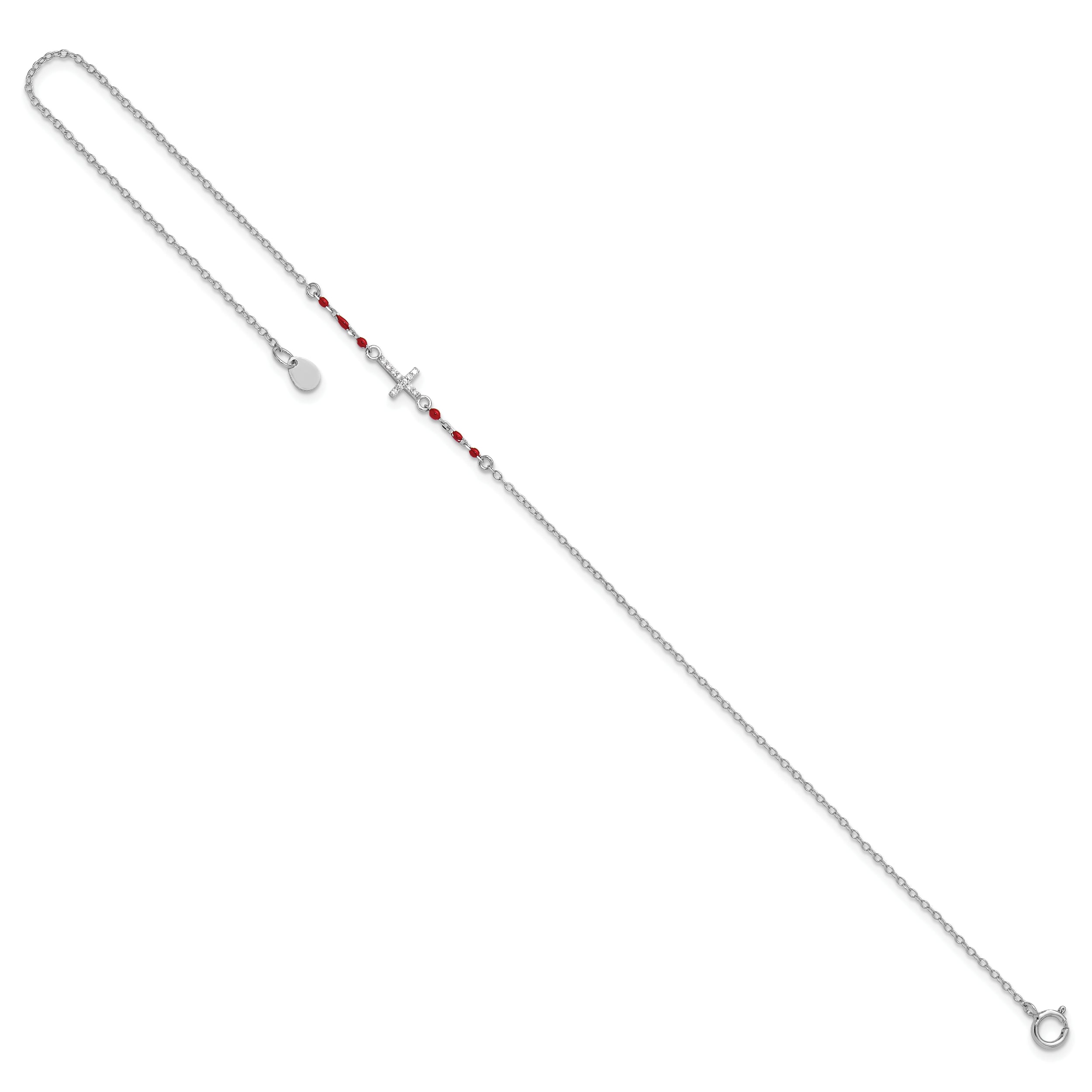 Sterling Silver Rhodium-Plated Polished Cz Red Enamel Bead Cross Anklet