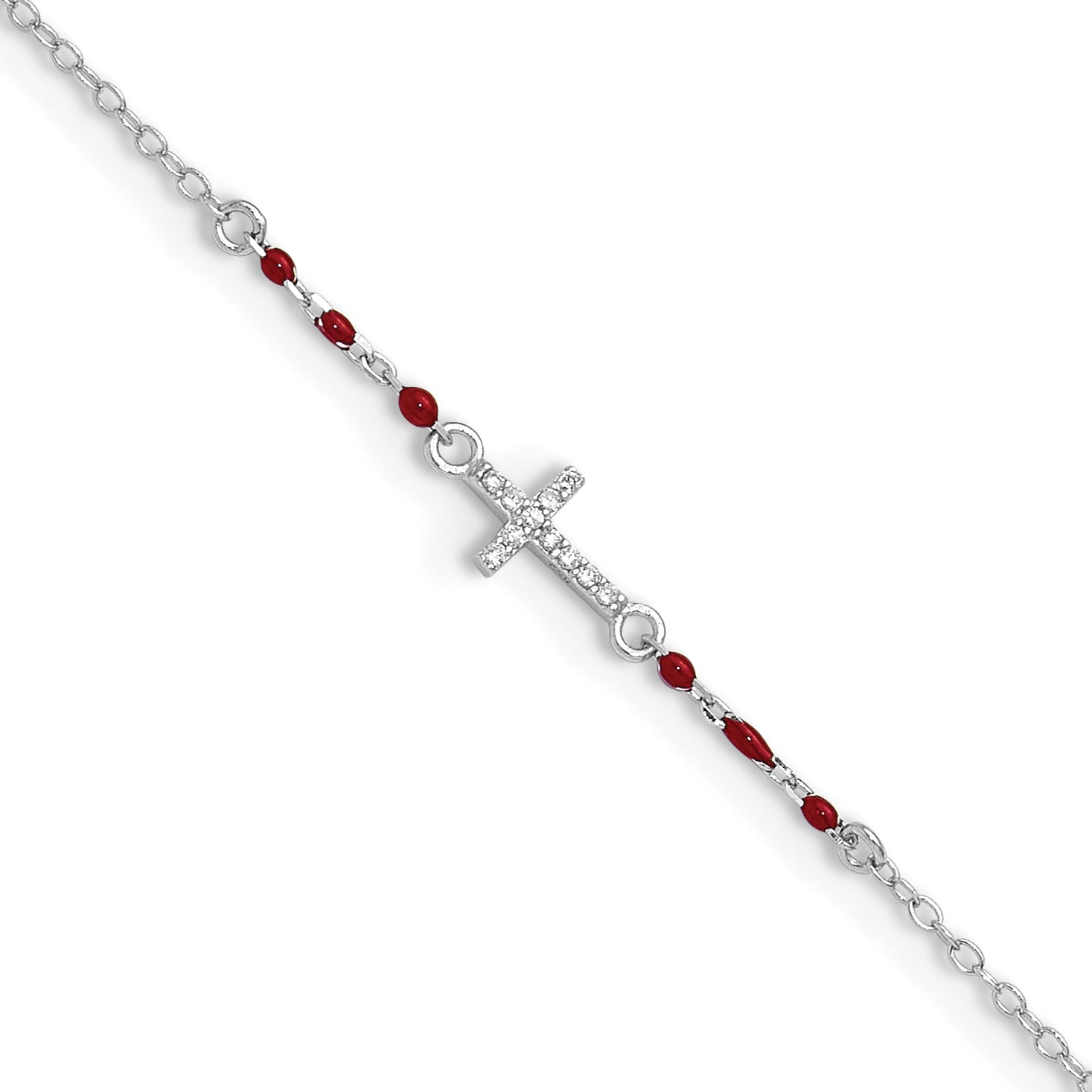 Sterling Silver Rhodium-Plated Polished Cz Red Enamel Bead Cross Anklet