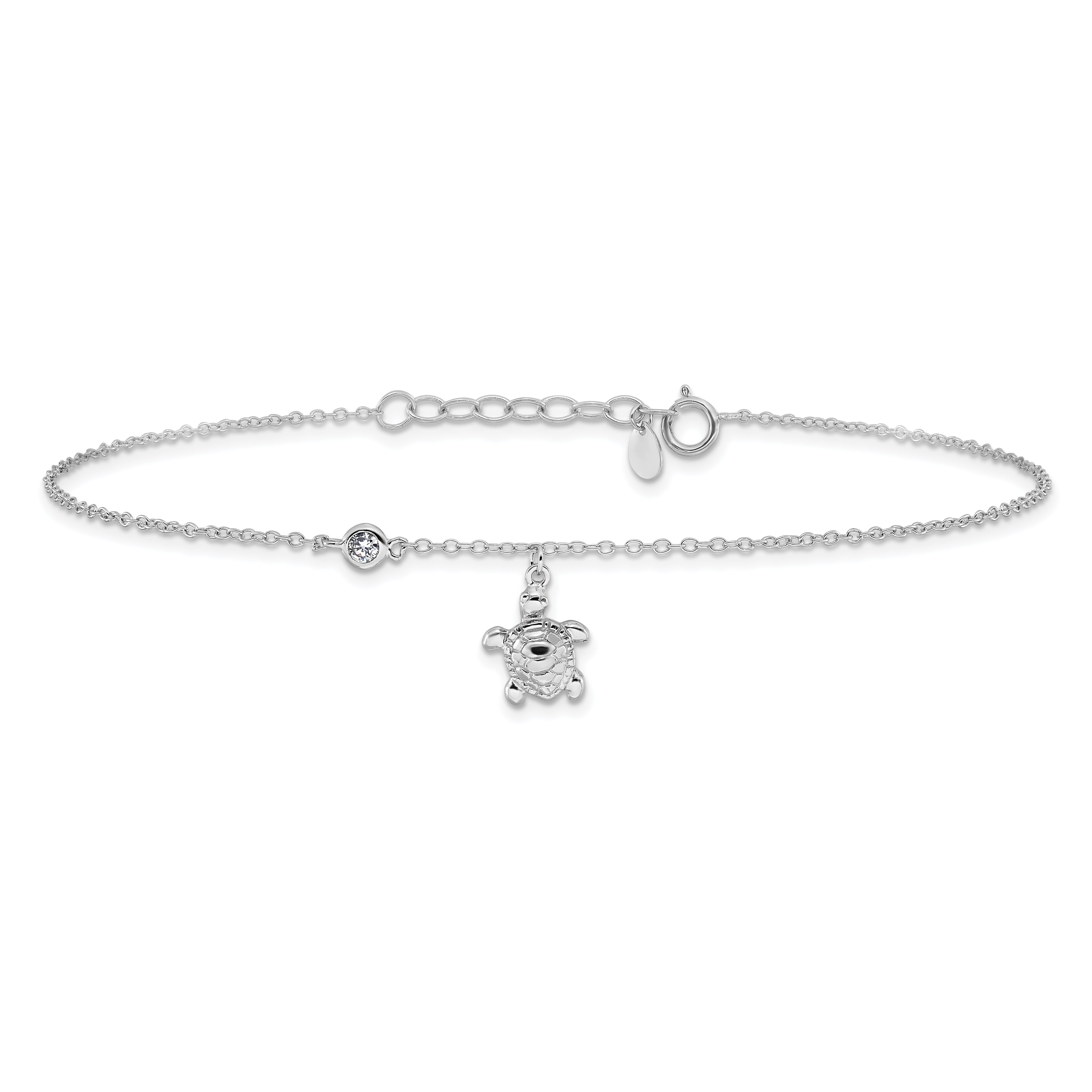 Sterling Silver Rhodium-Plated Polished Cz Turtle 9 Inch With An 1 Extention Anklet