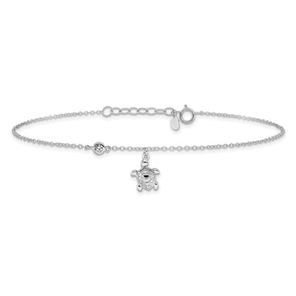 Sterling Silver Rhodium-Plated Polished Cz Turtle 9 Inch With An 1 Extention Anklet