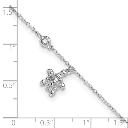 Sterling Silver Rhodium-Plated Polished Cz Turtle 9 Inch With An 1 Extention Anklet