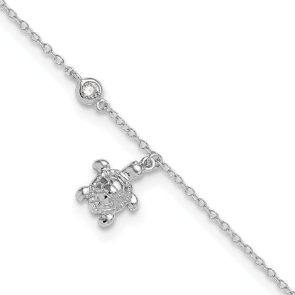 Sterling Silver Rhodium-Plated Polished Cz Turtle 9 Inch With An 1 Extention Anklet
