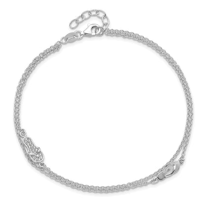 Sterling Silver Cz Flip Flop 9In Plus 1In Ext. Anklet