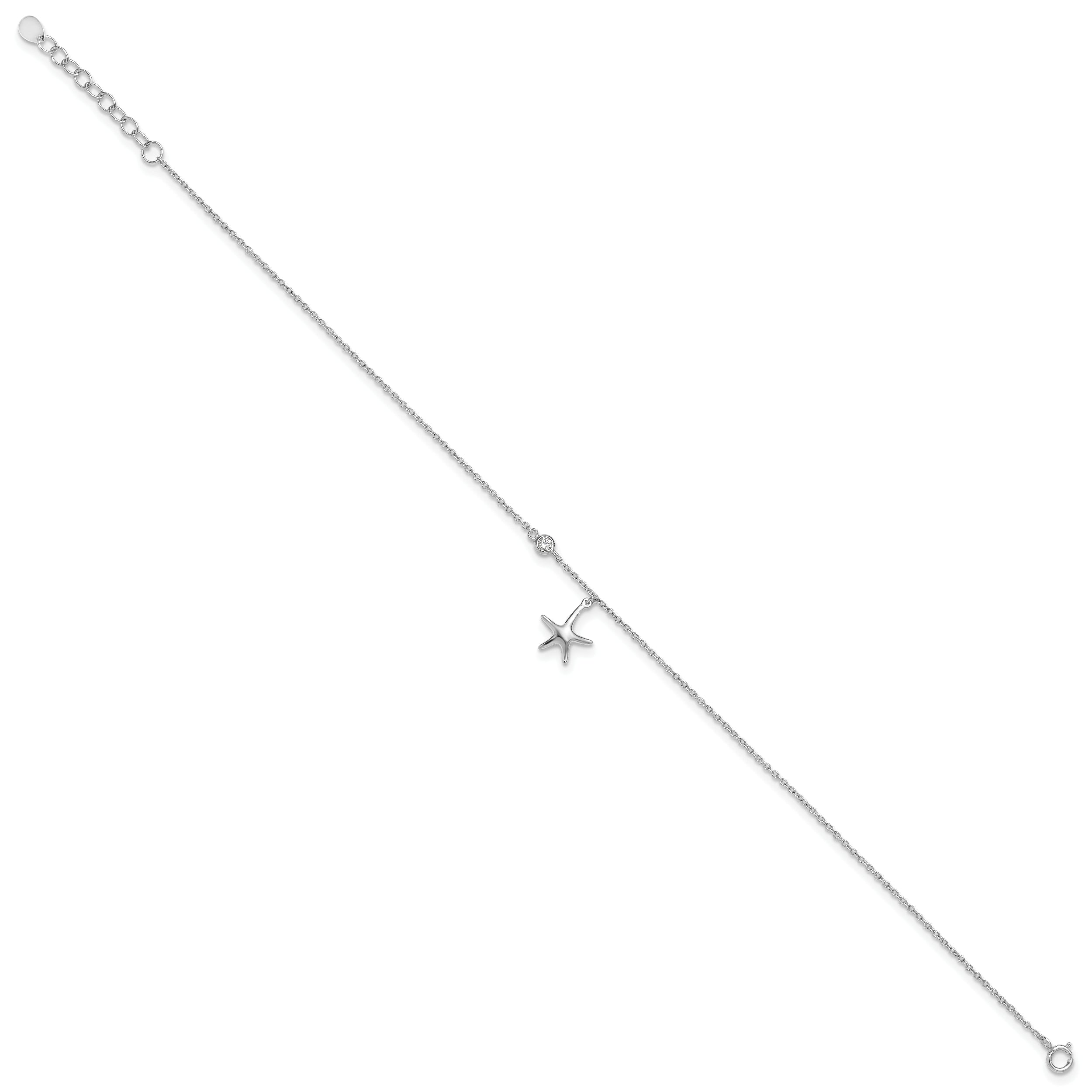 Sterling Silver Rhod-Plated Polished Cz Starfish 9In Plus 1 In Ext Anklet
