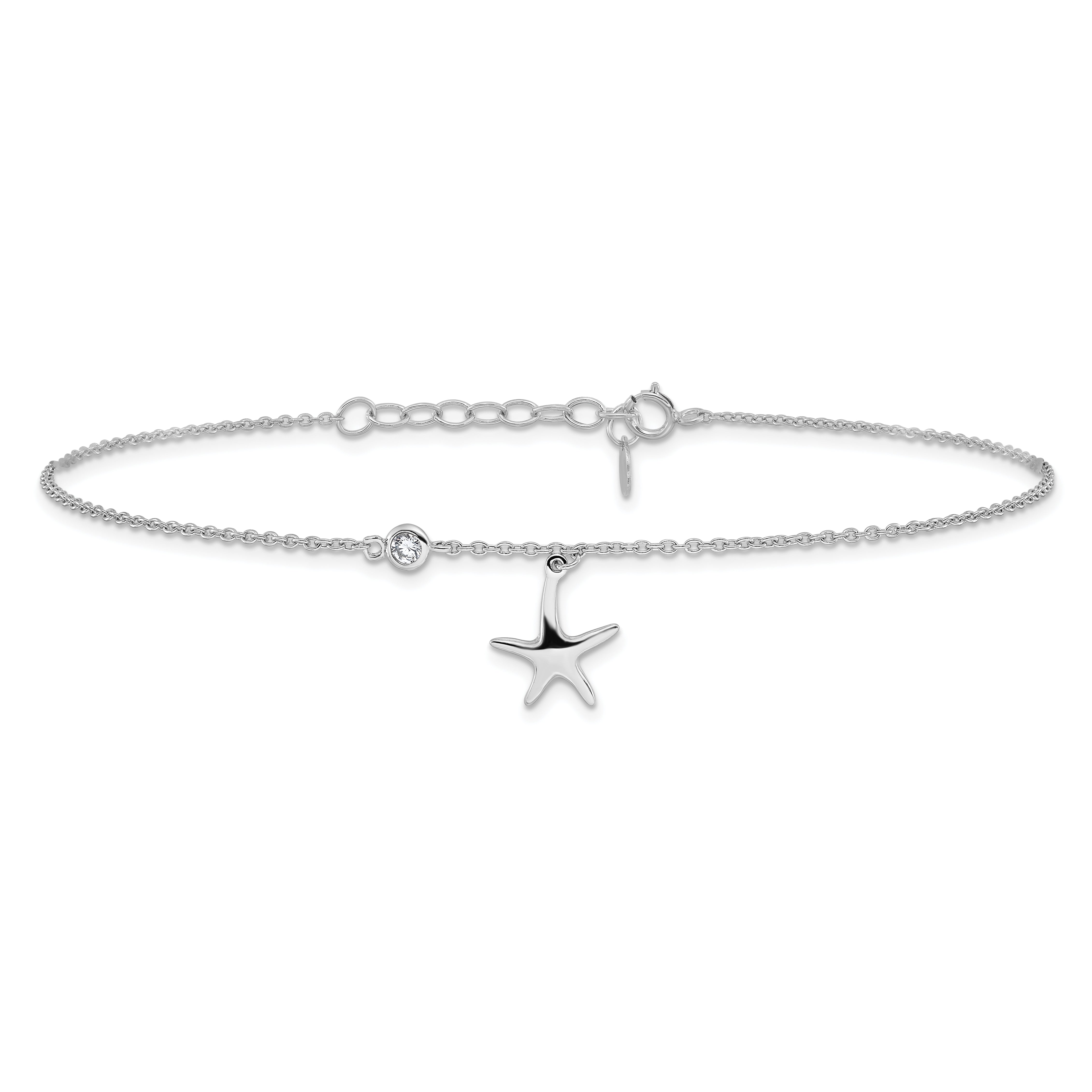 Sterling Silver Rhod-Plated Polished Cz Starfish 9In Plus 1 In Ext Anklet