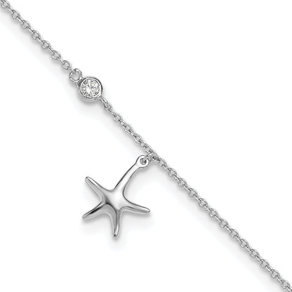 Sterling Silver Rhod-Plated Polished Cz Starfish 9In Plus 1 In Ext Anklet