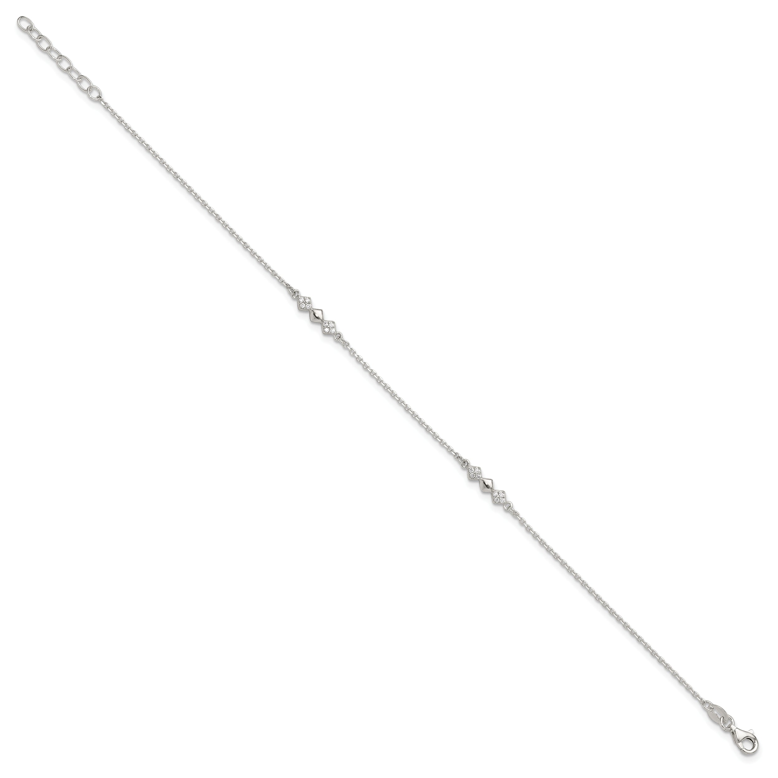 Sterling Silver Cz 3-Diamond Shapes 9In Plus 1 In Ext. Anklet