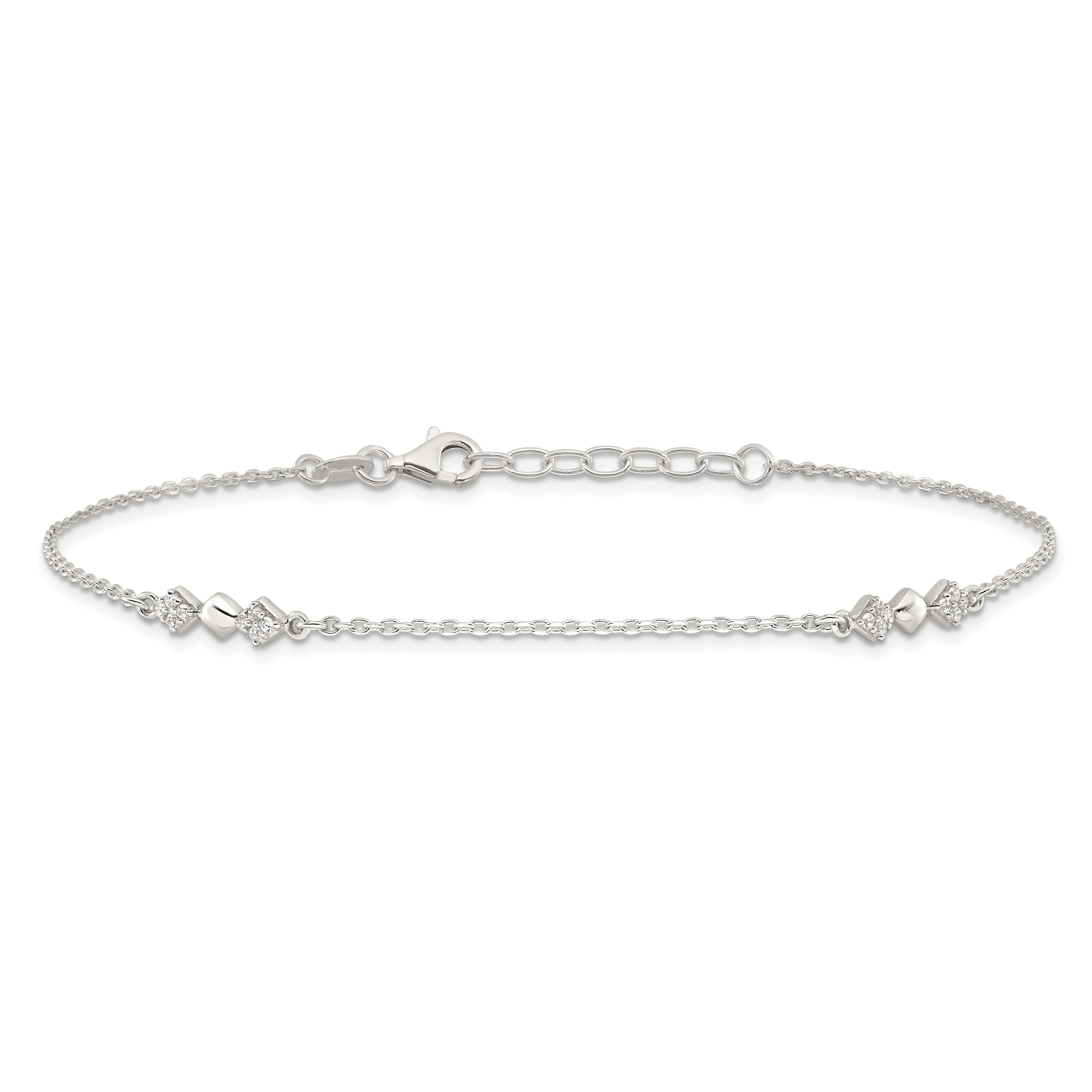 Sterling Silver Cz 3-Diamond Shapes 9In Plus 1 In Ext. Anklet