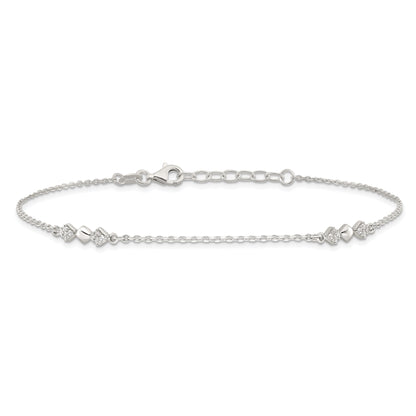 Sterling Silver Cz 3-Diamond Shapes 9In Plus 1 In Ext. Anklet