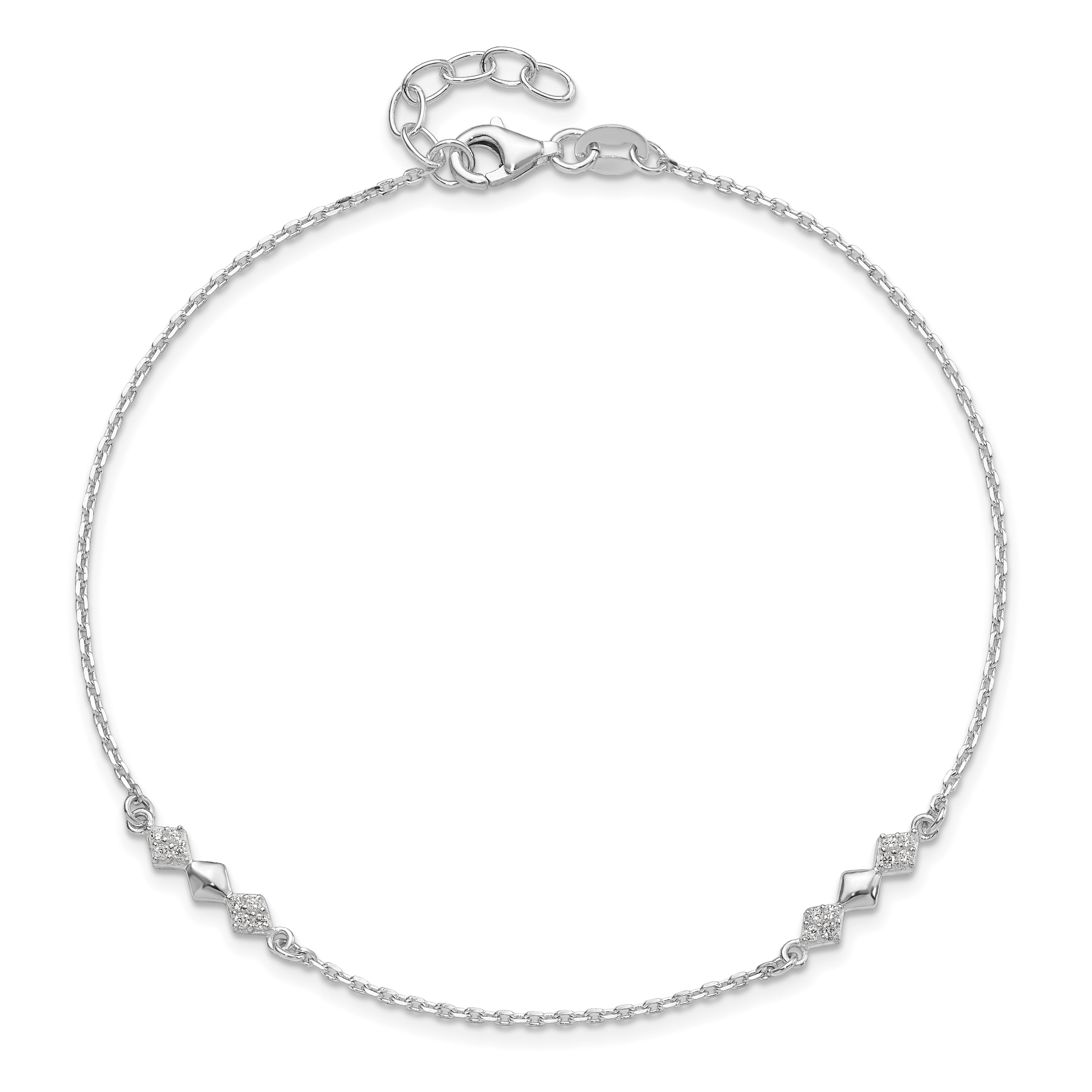 Sterling Silver Cz 3-Diamond Shapes 9In Plus 1 In Ext. Anklet
