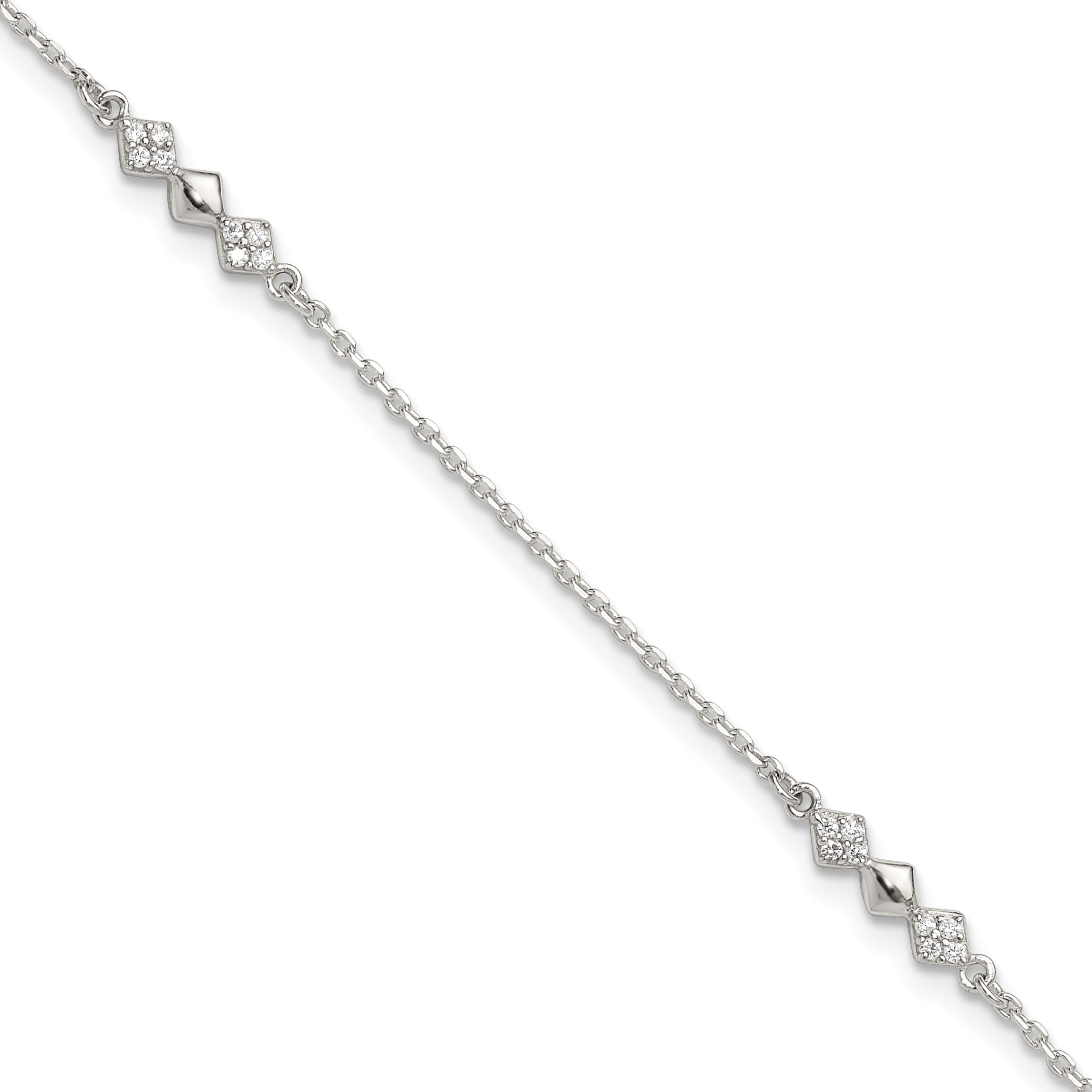 Sterling Silver Cz 3-Diamond Shapes 9In Plus 1 In Ext. Anklet