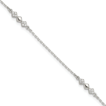 Sterling Silver Cz 3-Diamond Shapes 9In Plus 1 In Ext. Anklet