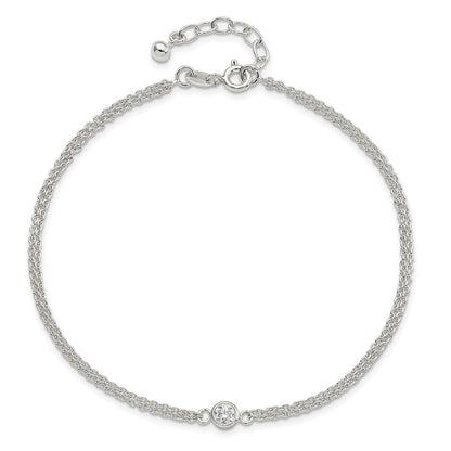 Sterling Silver Bezel Cz 2-Strand 9In Plus 1 In Ext. Anklet